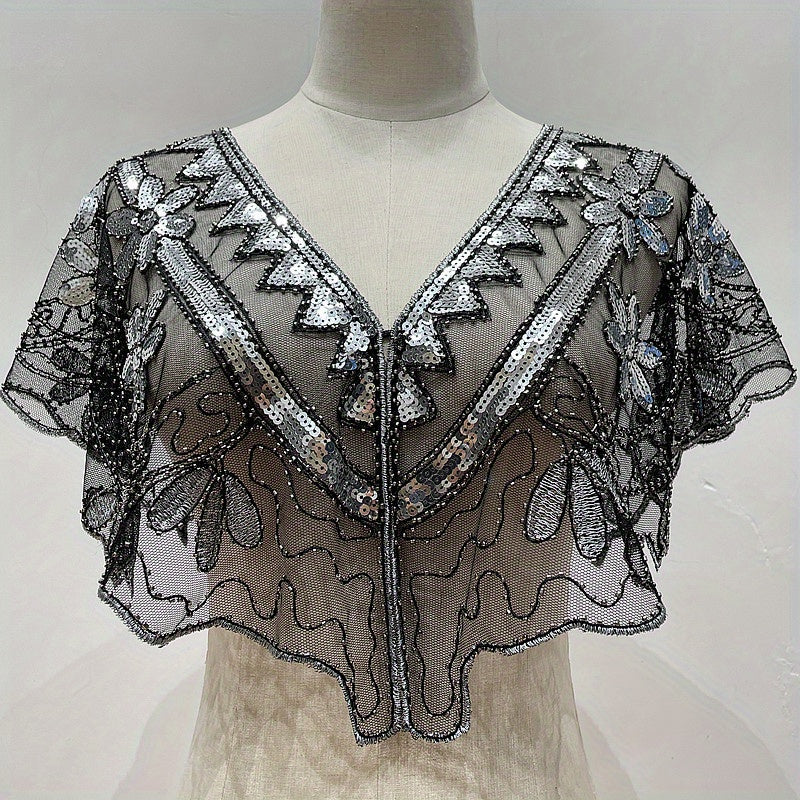 Vintage Embroidery Shawl Sequin Beads Lace Cape Women Glitter Scarf