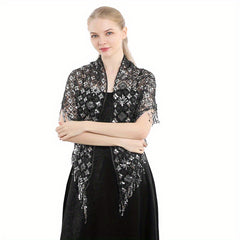 Sequin Decor Triangle Scarf Floral Hollow Out Solid Shawl