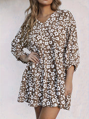 Boho Dress Ditsy Floral Lantern Sleeve V Neck Smock Dress