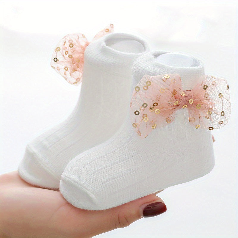 Baby Girls Sequin Bow Lace Trim Ankle Socks for Newborns
