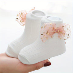 Baby Girls Sequin Bow Lace Trim Ankle Socks for Newborns
