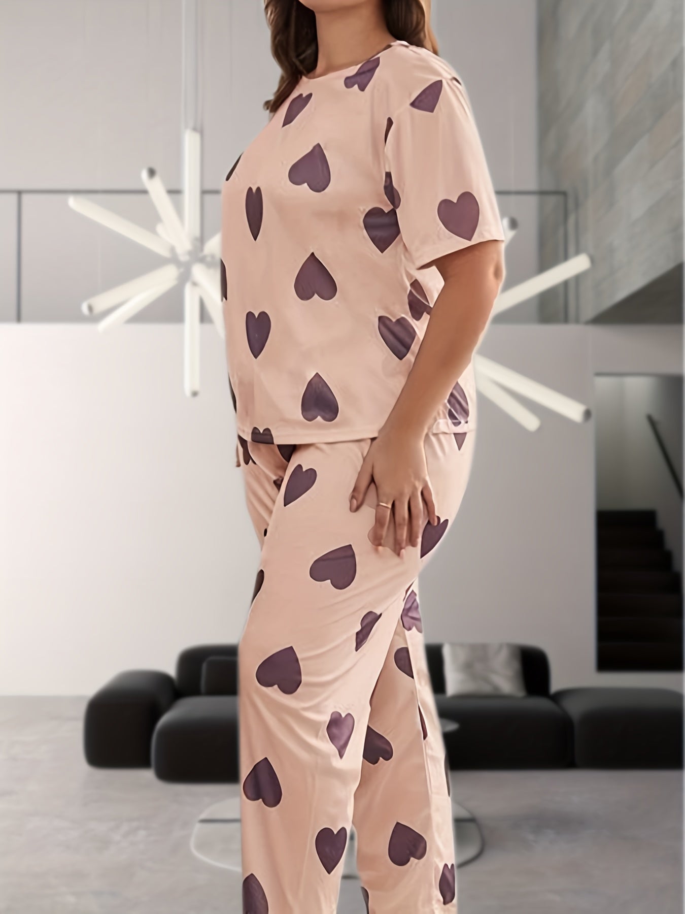 Pajama Set Heart Print Tee & Pants Lounge Two Piece Set