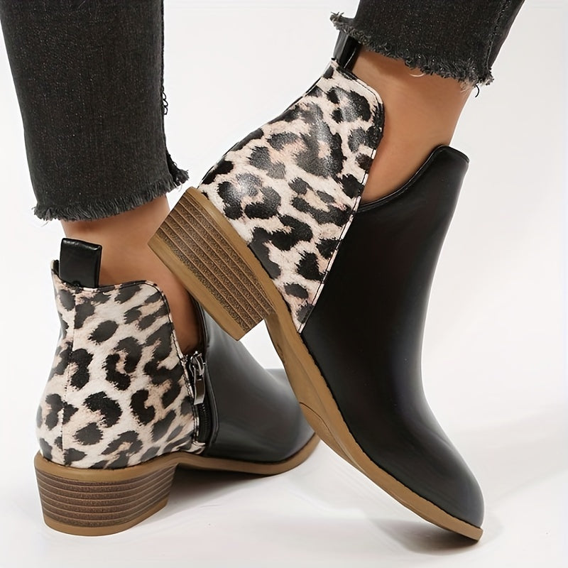 Leopard Print Ankle Boots Pointed Toe V Cut Stacked Heels Short Boots