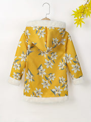 Girls Flower Print Fleece Hooded Coat Jacket, Warm for Autumn Winter