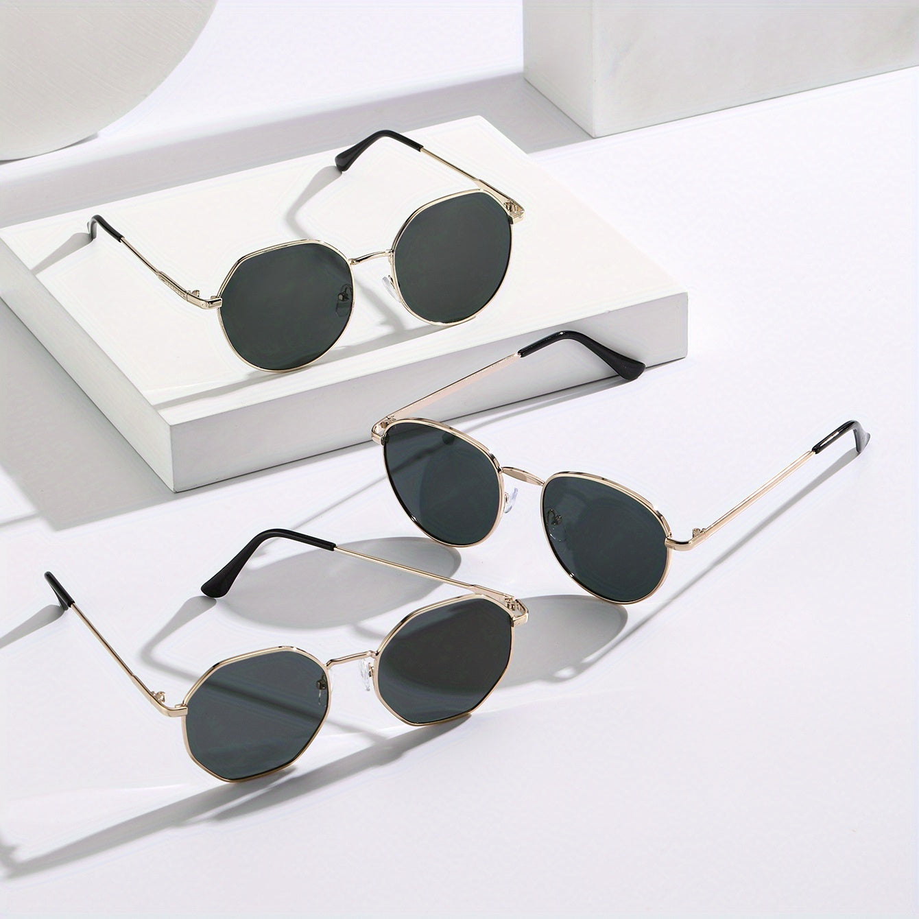 3pcs Metal Round Frame Sunglasses UV 400 Protection