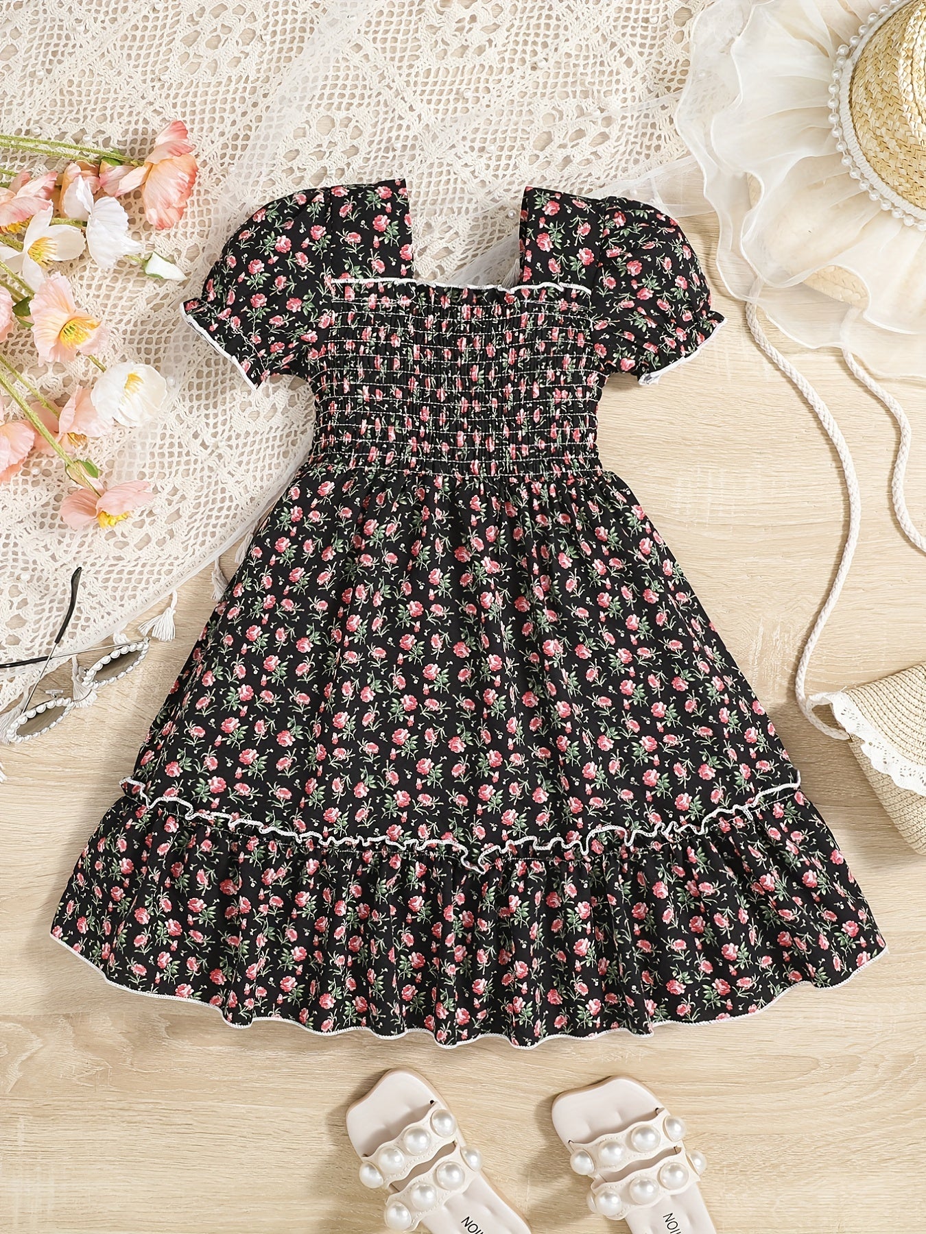 Kid Girls Floral Summer Dress Square Neck A line Princess Dress