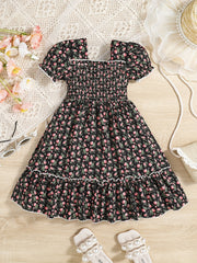 Kid Girls Floral Summer Dress Square Neck A line Princess Dress