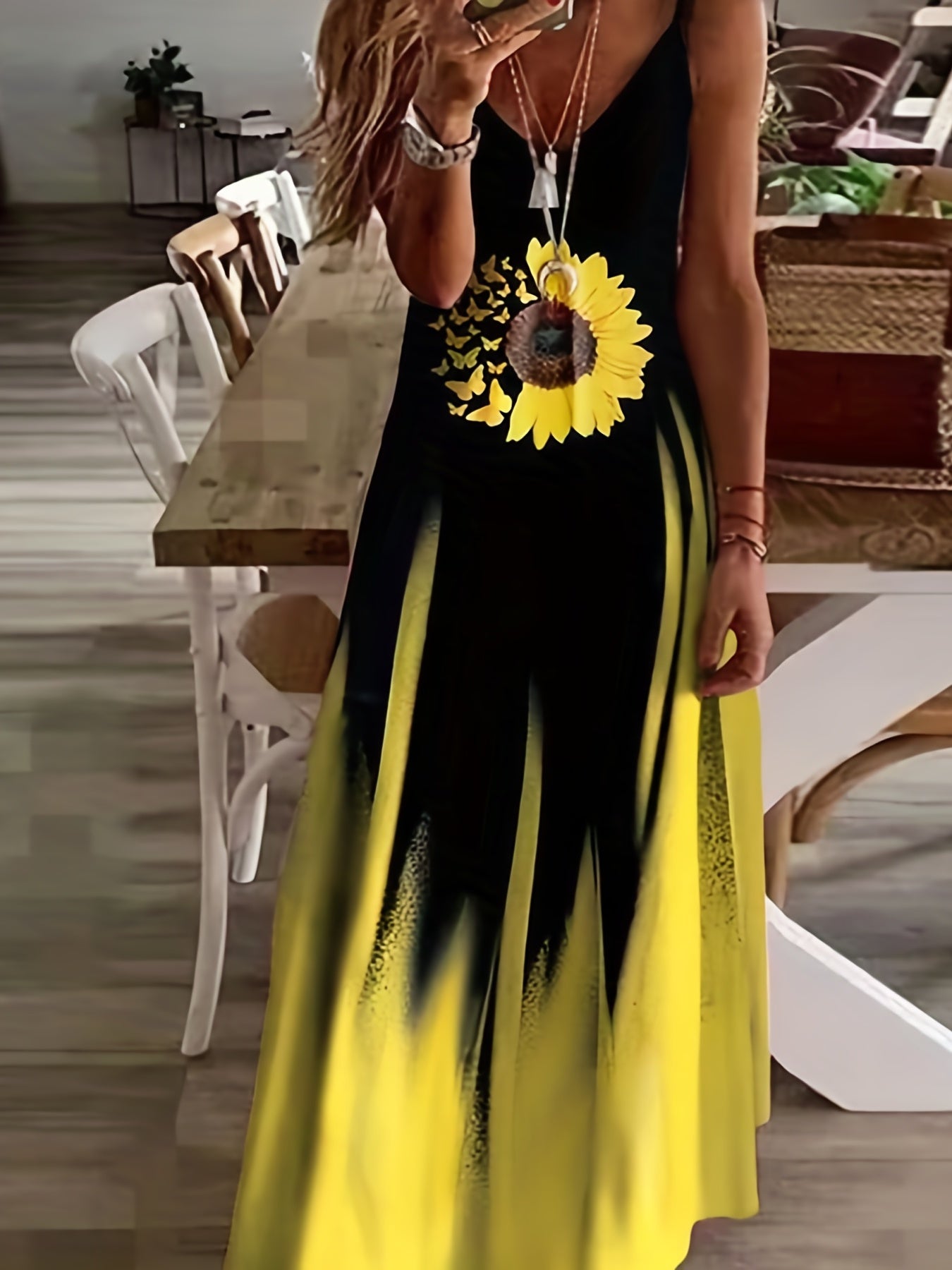 Colorblock Sunflower & Butterfly Print V Neck Maxi Dress
