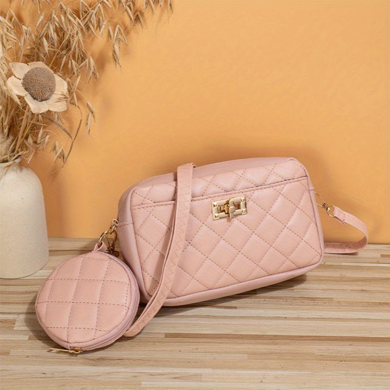 Quilted Shoulder Bag Faux Leather Crossbody Bag Zipper Turn Lock