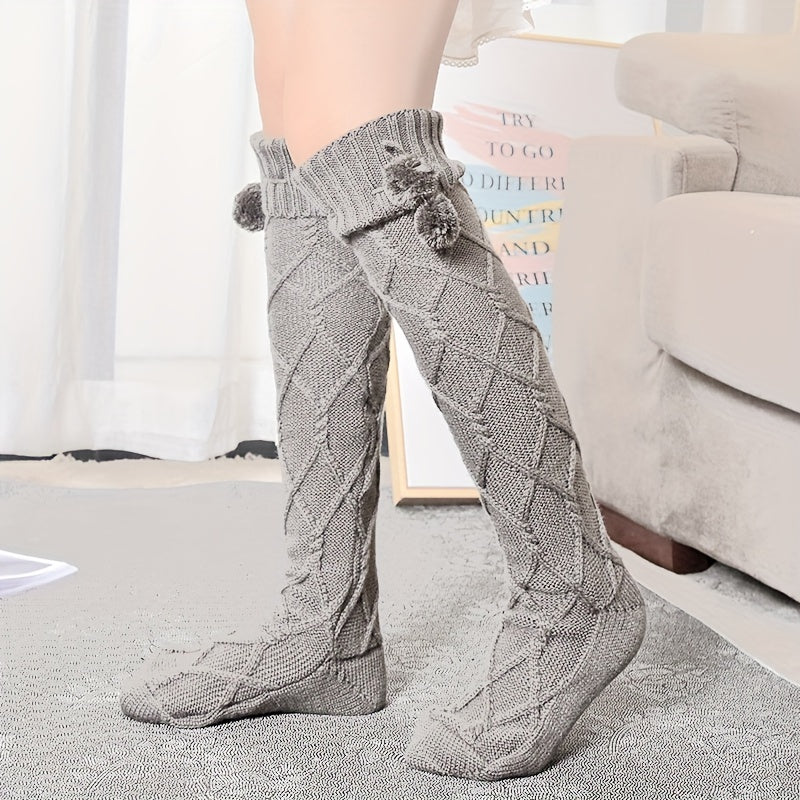 Argyle Calf Socks Pompom Decor Warm Knee High Socks Women's