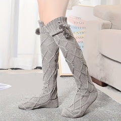 Argyle Calf Socks Pompom Decor Warm Knee High Socks Women's