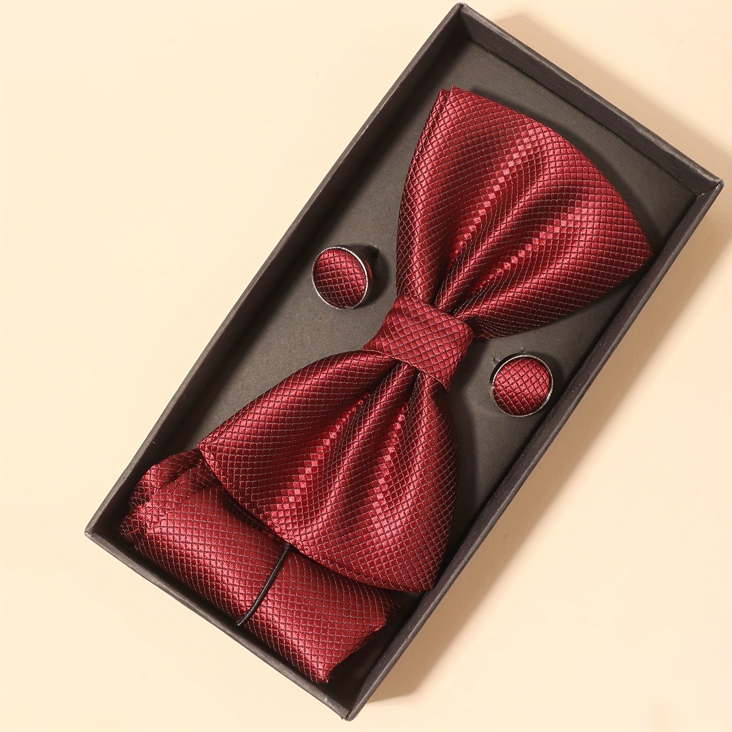 Men's Solid Bow Tie Set Pocket Square Cufflinks Formal Business Wedding