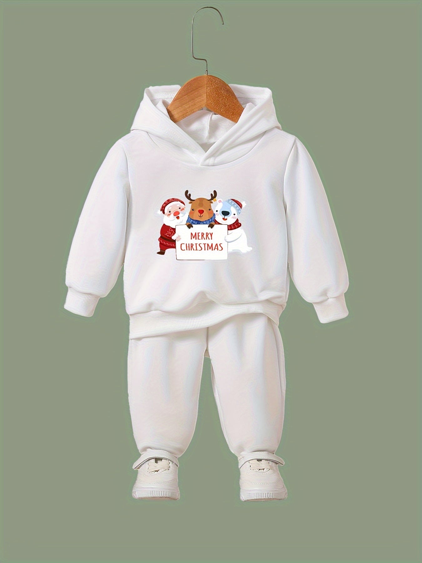 Girls 2pc Santa Bear Deer Hooded Sweatshirt Solid Sweatpants Set