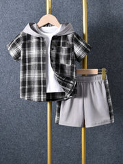 2pcs Baby Boys Plaid Short Sleeve Hooded Shirt & Shorts Set