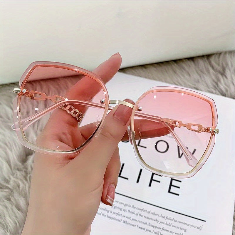 Oversized Rimless Sunglasses Women Rhinestone Chain Gradient Glasses UV400