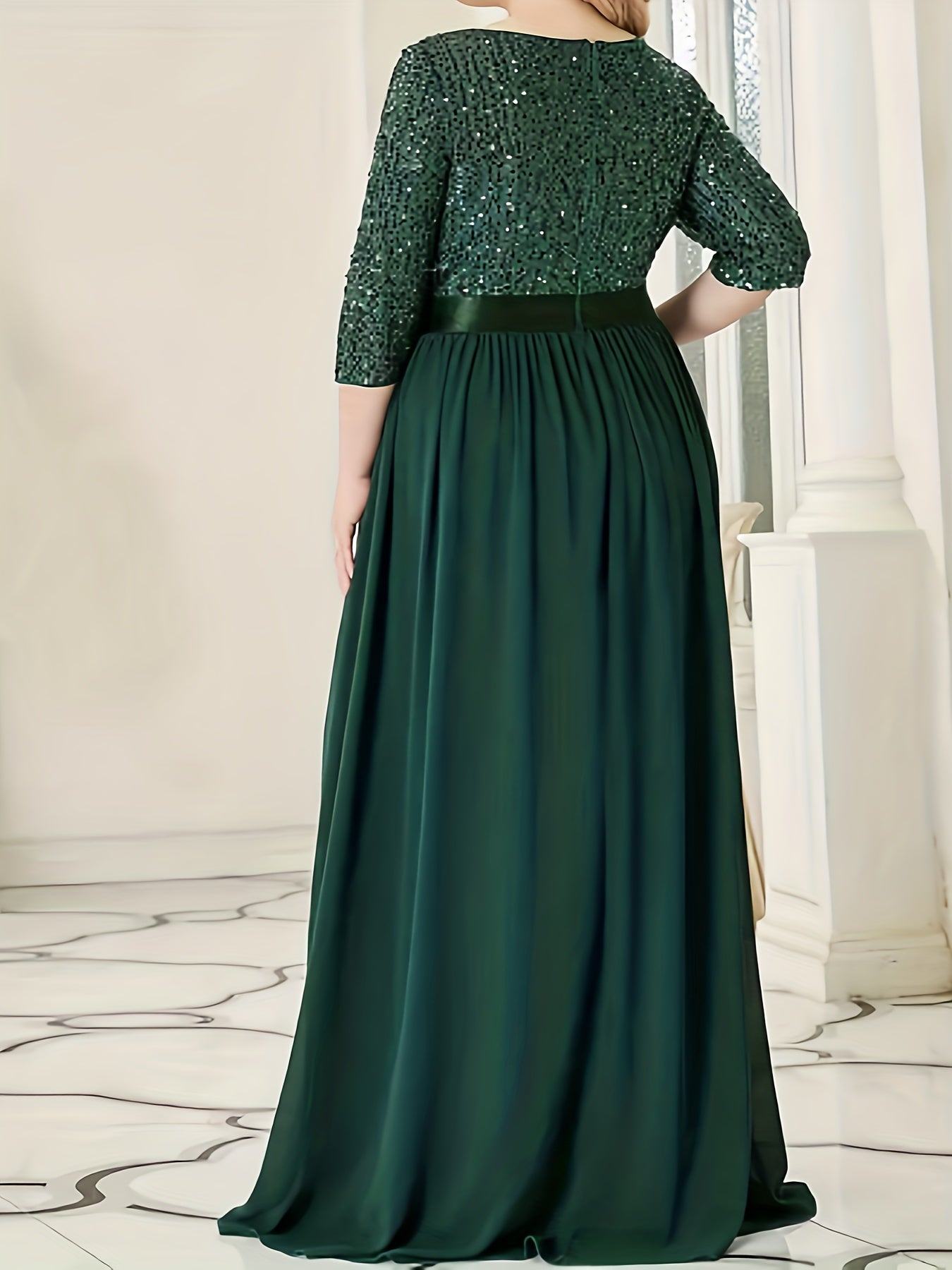 Colorblock Sequin Half Sleeve V Neck Maxi Wedding Dress