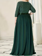 Colorblock Sequin Half Sleeve V Neck Maxi Wedding Dress