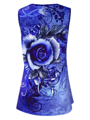 Rose Print Zip Up V Neck Tank Top Sleeveless Casual Summer Women's Clothing