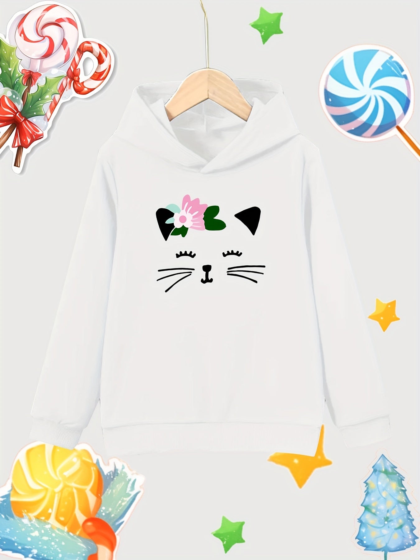 Cat Print Girls Cotton Pullover Hooded Sweatshirt for Autumn Winter