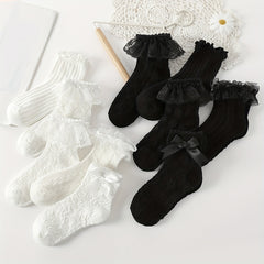 5 Pairs Princess Style Lace Mid Tube Socks For Girls