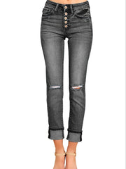 Slim Fit Skinny Jeans Ripped Distressed Button Denim Pants Women's Denim Jeans