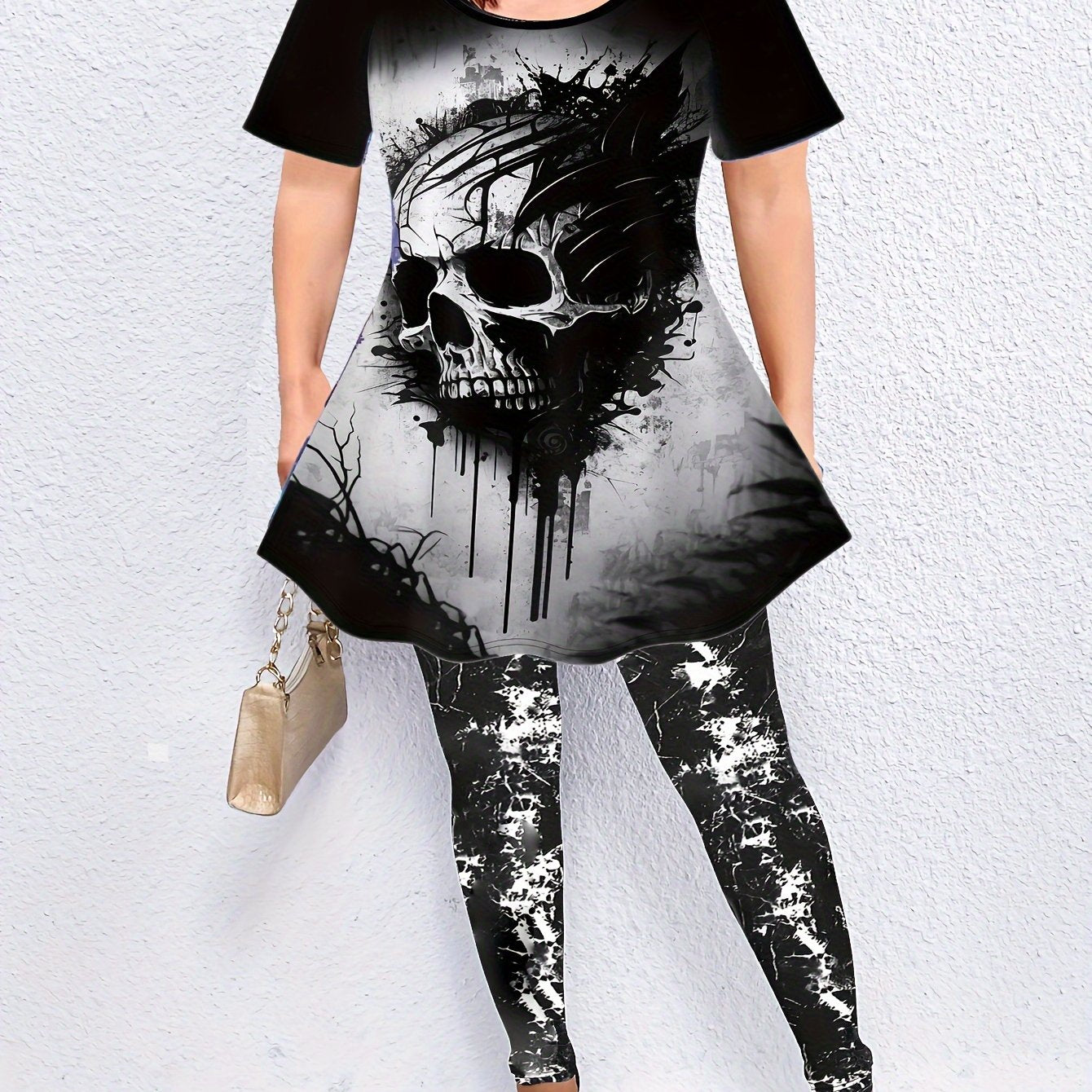 Gothic Halloween Outfit: Skull Print Top & Tie Dye Leggings Set