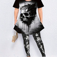 Gothic Halloween Outfit: Skull Print Top & Tie Dye Leggings Set