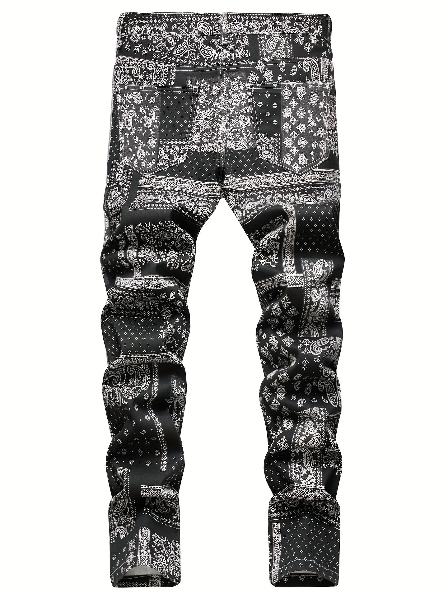 Paisley & Floral Pattern Slim Fit Jeans Men's Street Style Denim Pants