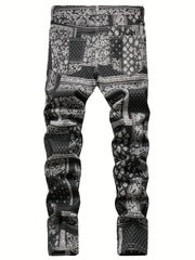 Paisley & Floral Pattern Slim Fit Jeans Men's Street Style Denim Pants