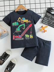 Boys Cartoon Construction Truck Casual Outfit T shirt & Shorts Summer Set