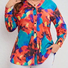 Tie Dye Button Up Long Sleeve V Neck Top