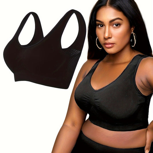 Sports Bra Women's Plus Solid Hollow Out Breathable Mesh Tank Bra