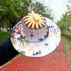 Vintage Flower Print Foldable Sun Hat with Bamboo Fan