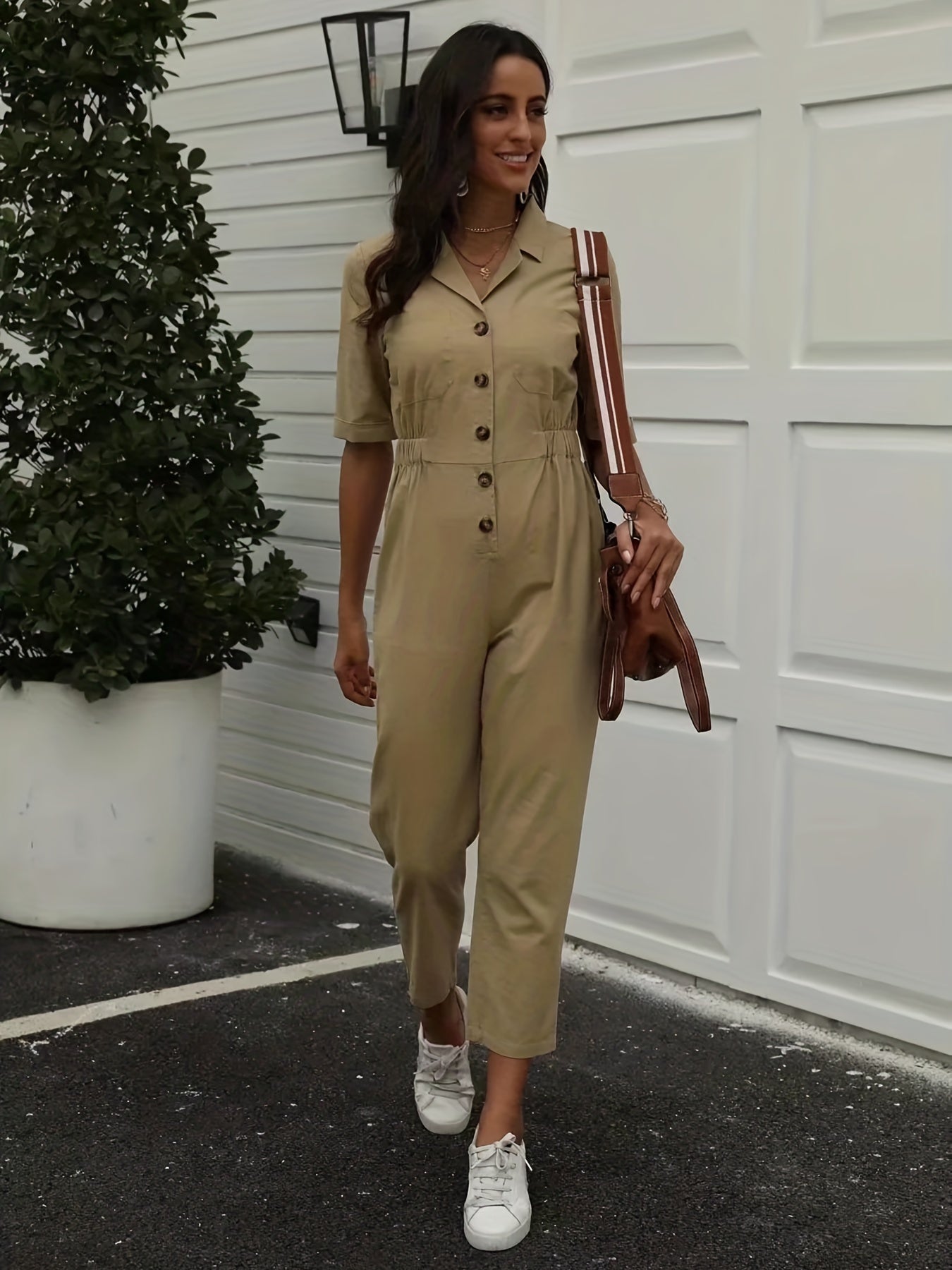 Button Front Jumpsuit Short Sleeve Wide Leg Jumpsuit