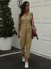 Button Front Jumpsuit Short Sleeve Wide Leg Jumpsuit