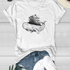 Summer Whale Graphic Tee Women's Casual Crew Neck Short Sleeve Tops