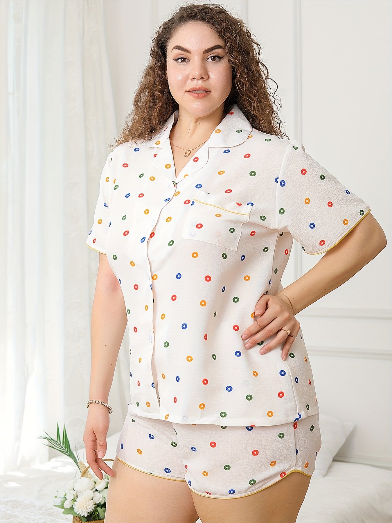 Pajama Set Women's Plus Circle Print Shirt & Shorts