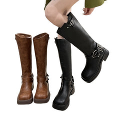 Women's Knee High Buckle Strap Boots Square Toe Solid Riding Boots