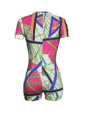 Chain Print Deep V Neck Romper Jumpsuit Short Sleeve Slim Romper