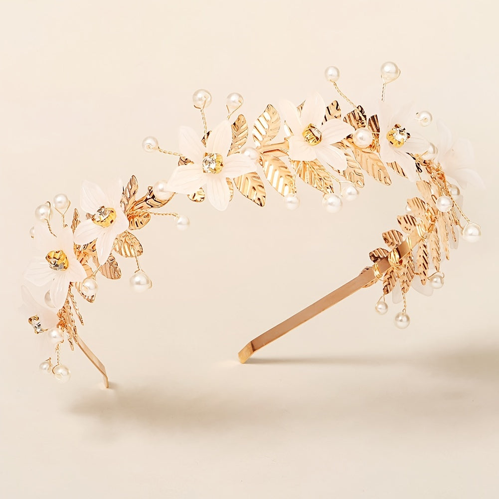 Golden Crown Hairband Faux Pearl Princess Tiara