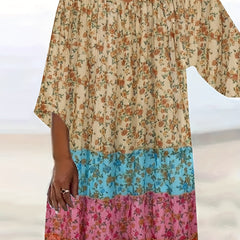 Women's Plus Colorblock Floral Print Half Sleeve Round Neck Dress