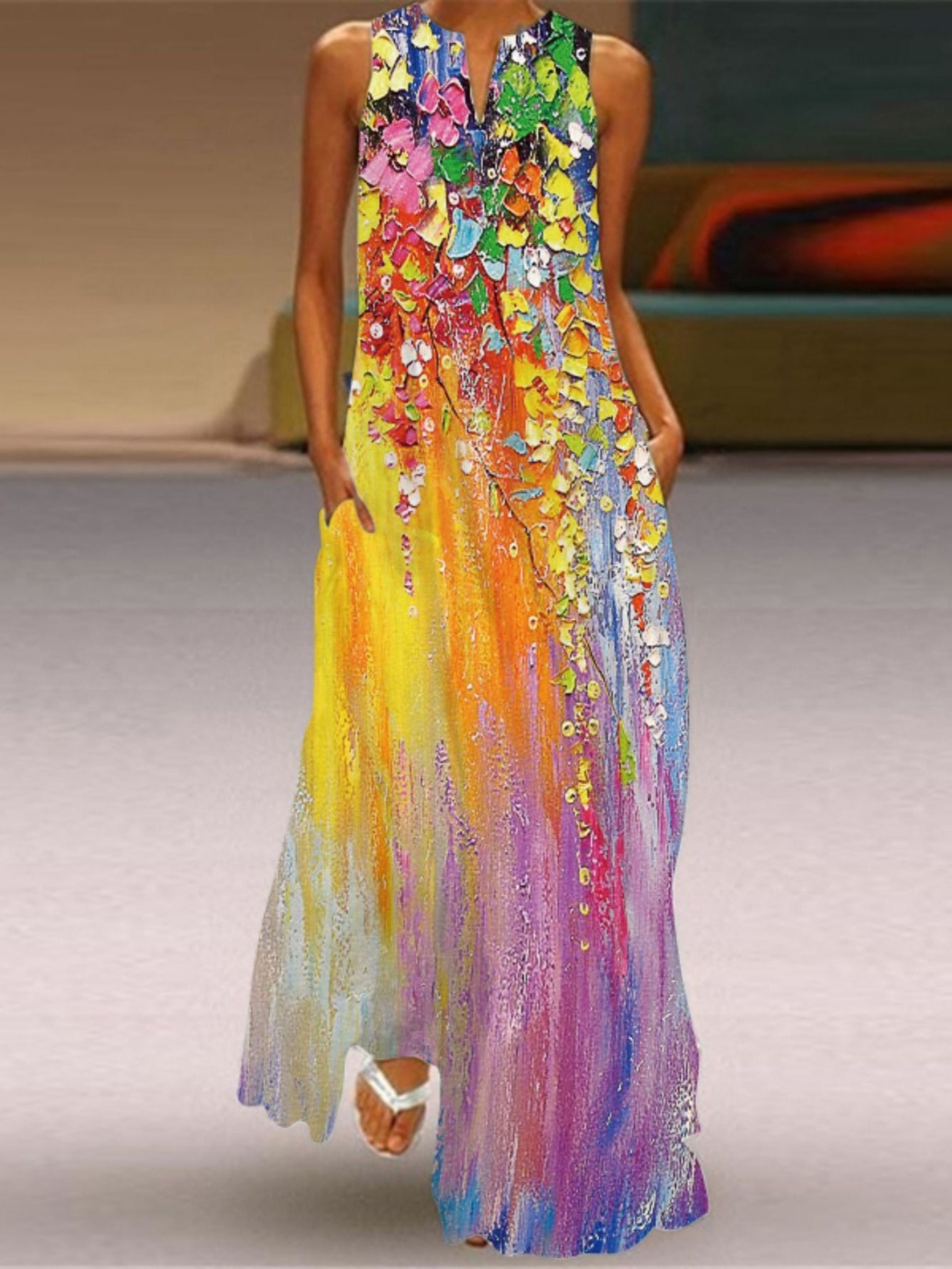 Sleeveless V-Neck Colorful Maxi Dress Boho Loose Flared Dress
