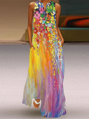 Sleeveless V-Neck Colorful Maxi Dress Boho Loose Flared Dress