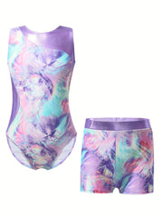Girls 2pc Gymnastics Training Sets Sleeveless Athletic Jumpsuit & Shorts