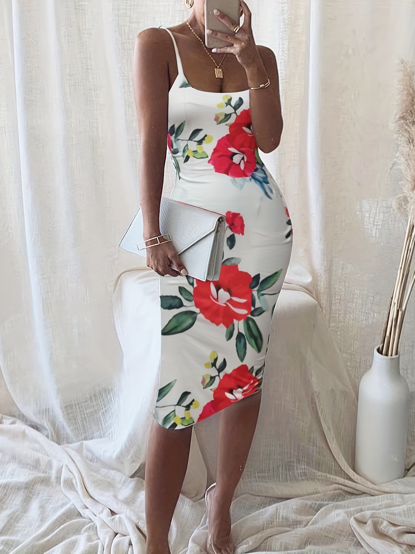 Floral Print Bodycon Dress Spaghetti Strap Knee Length