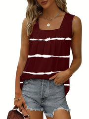 Striped Print Ruched Tank Top Square Neck Sleeveless Casual
