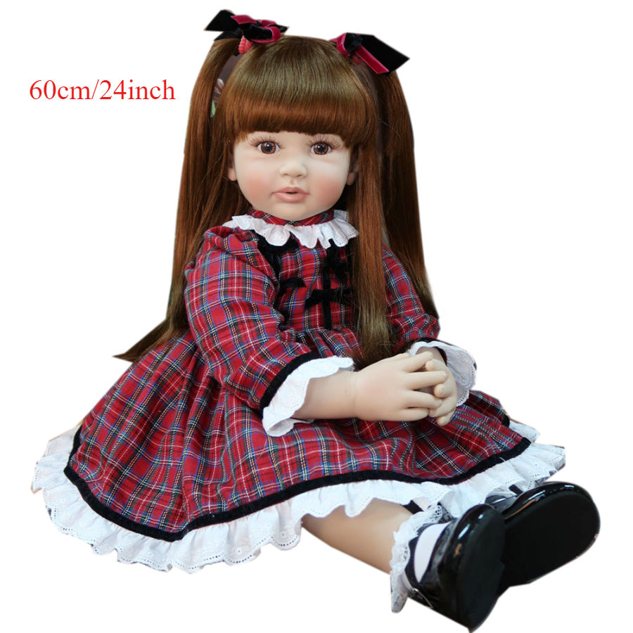 Reborn Baby Doll Long Brown Hair Pink Bow Lace Dress Lifelike Toddler Girl