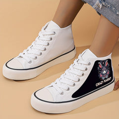 Women's Rabbit & Letter High Top Canvas Shoes Lace Up