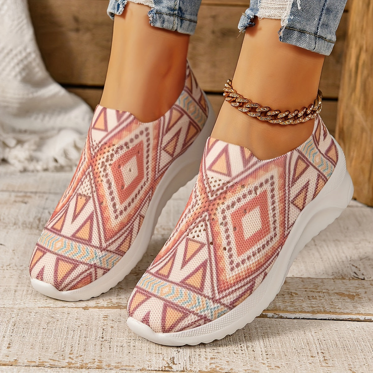 Women's Geometric Pattern Knit Mesh Casual Flat Shoes