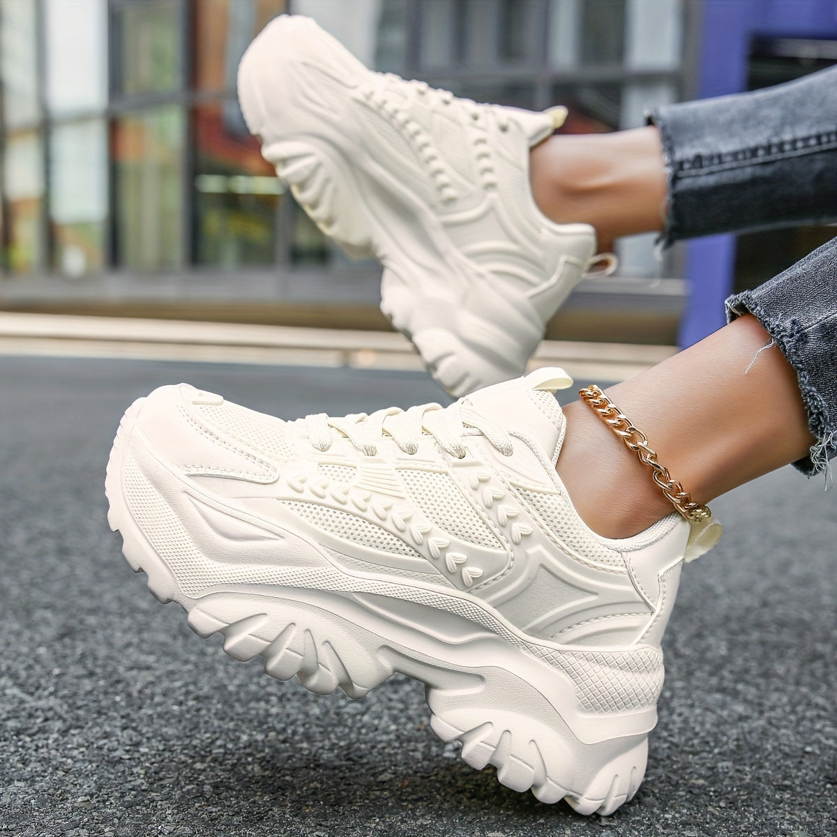 Women's Mesh Chunky Sneakers Lace Up Outdoor Shoes Low Top Walking Shoes